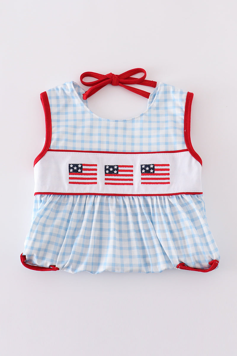 Blue flag embroidery gingham dress