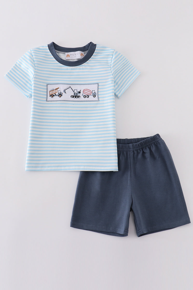 Blue stripe tractor embroidery boy set