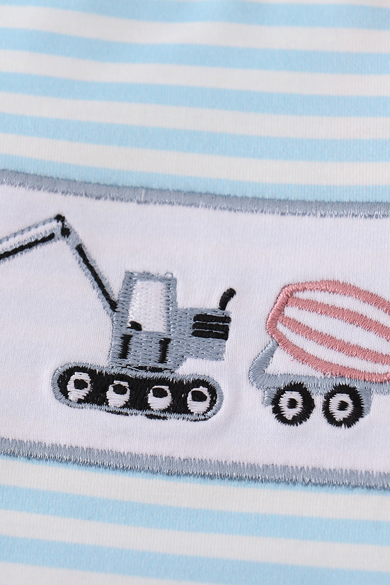 Blue stripe tractor embroidery boy set