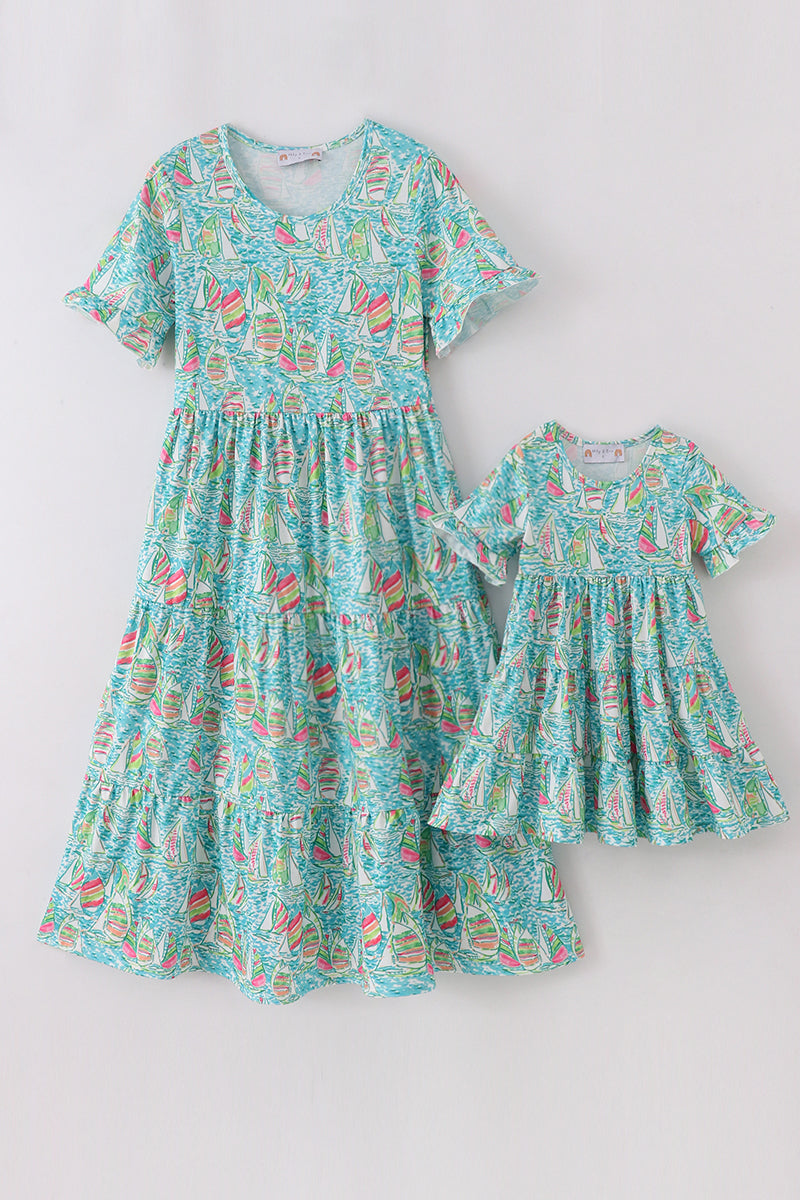 Teal sailboat serenity print mom&me tiered dress