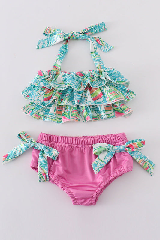 Teal sailboat serenity print 2pc girl swimsuit