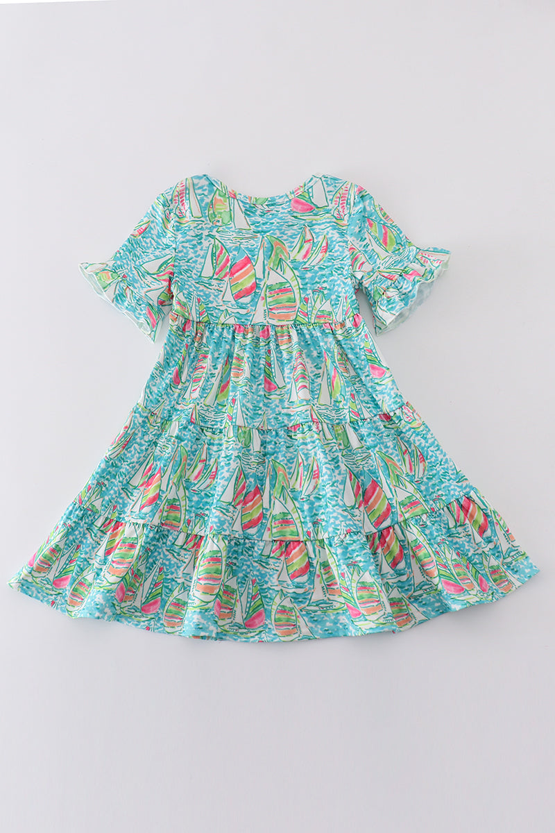 Teal sailboat serenity print mom&me tiered dress