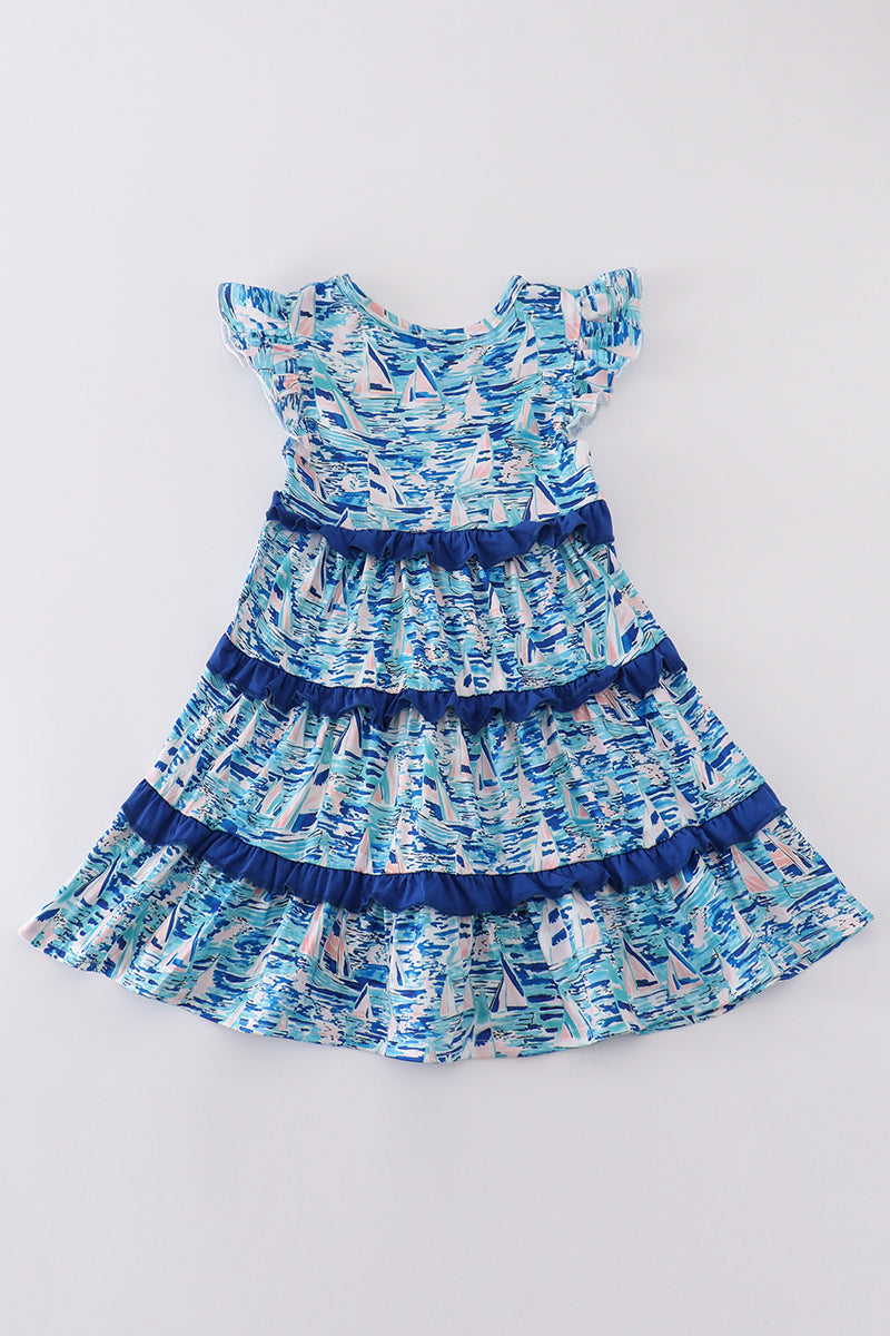 Blue ocean regatta print girl dress