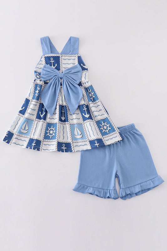 Blue sail boats checkered girl set