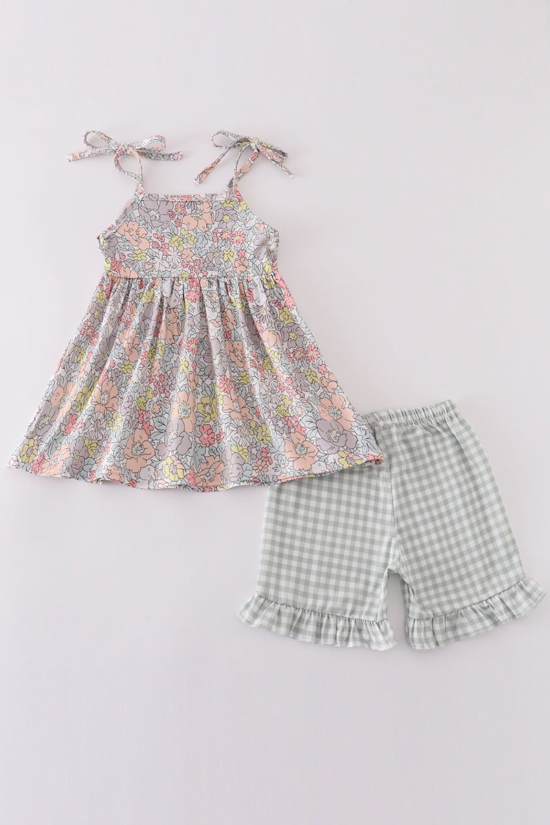 Sage pastel floral harmony girl gingham set