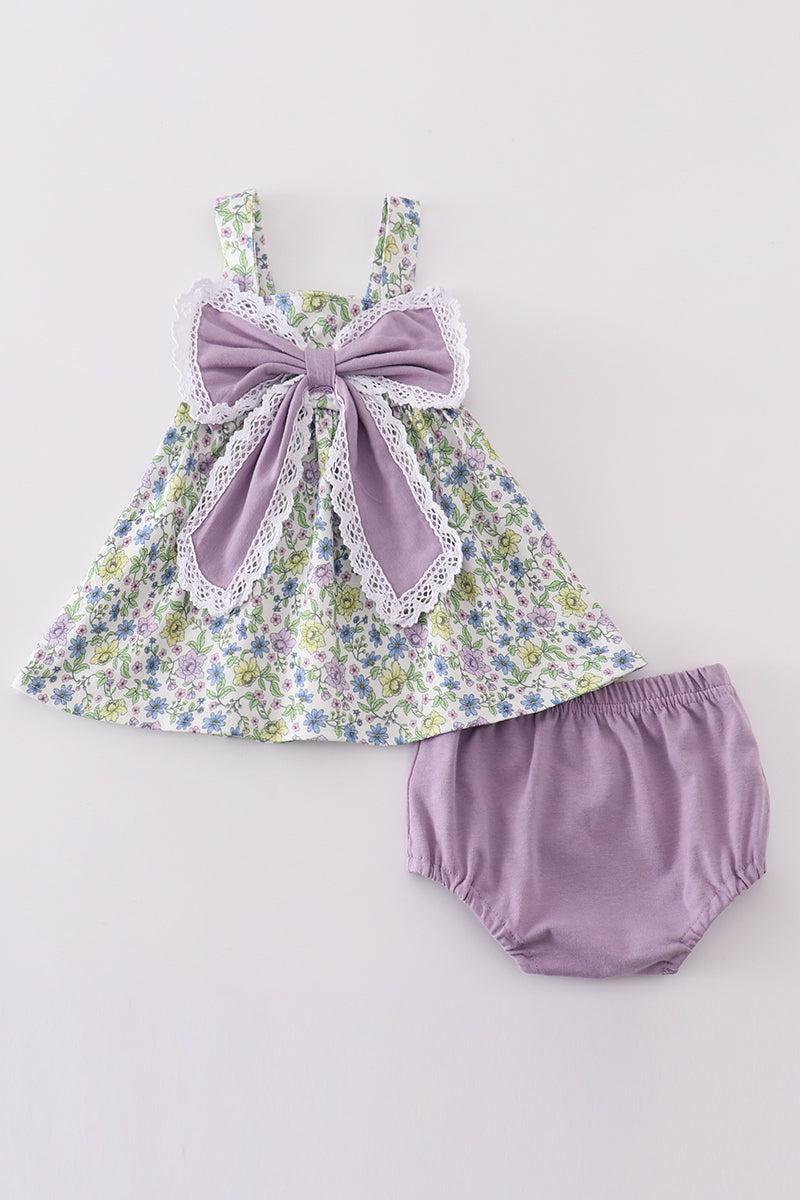 Purple bow floral girl bloomer set