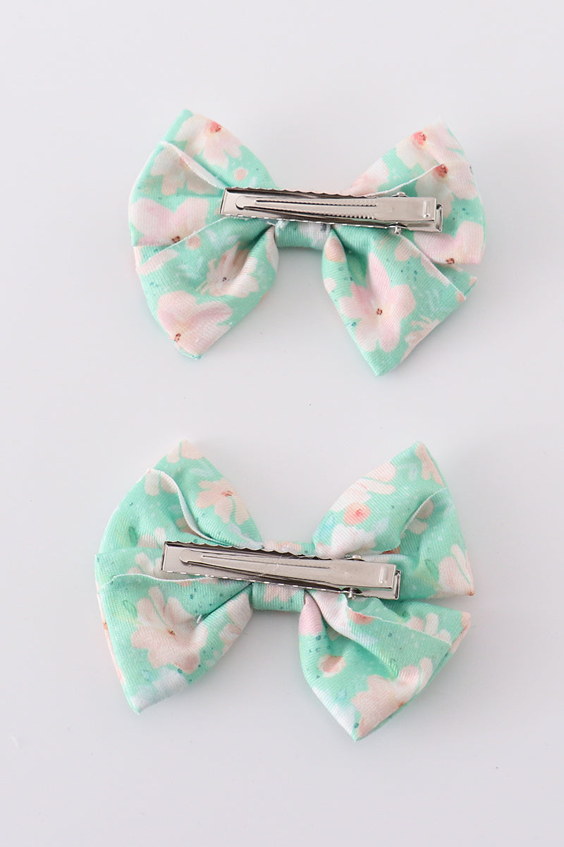 Green floral print girl piggie hair bow