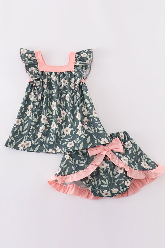 Green forest bloom print girl bloomer set