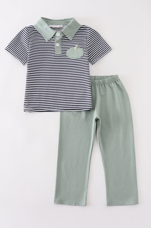 Sage pumpkin embroidery stripe boy set