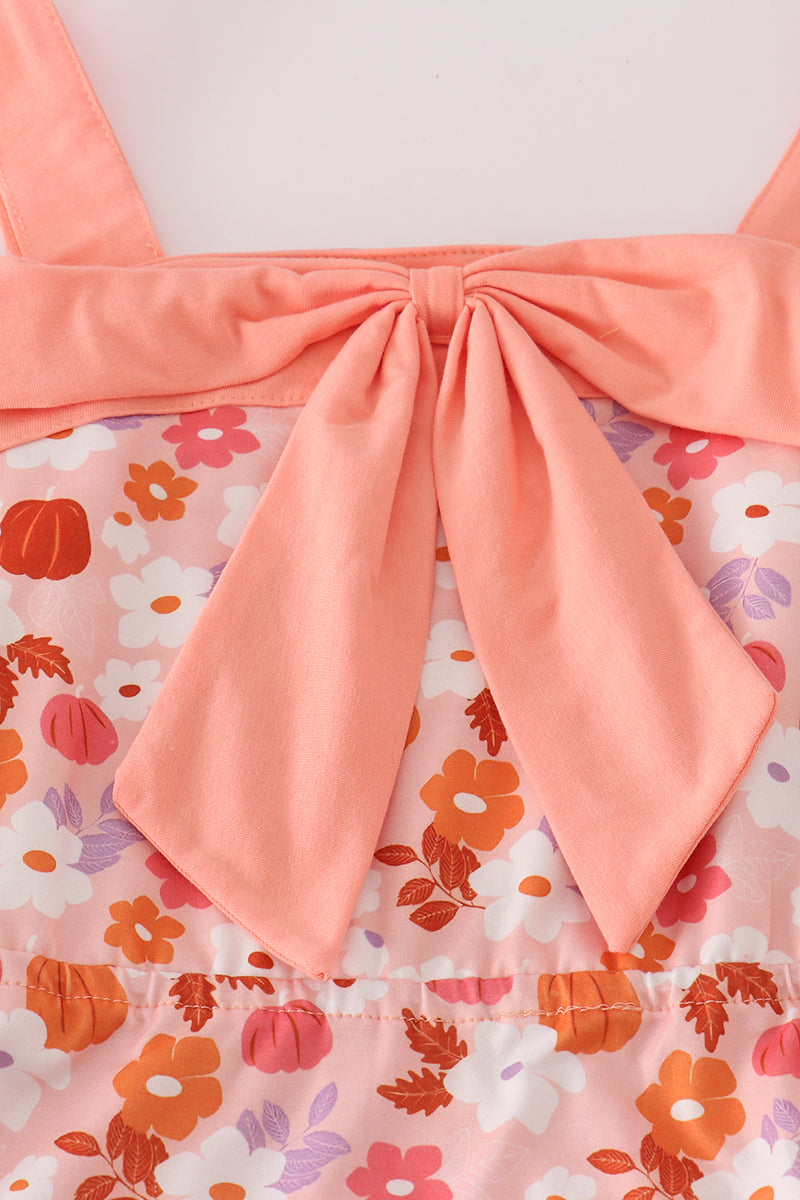 Pumpkin floral print bow women dress