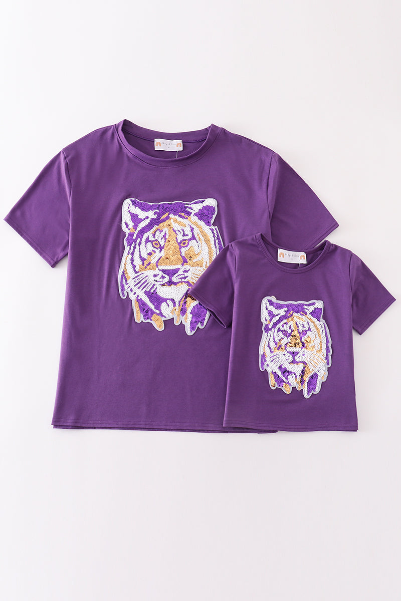 Purple LSU tiger sequin mom&me top