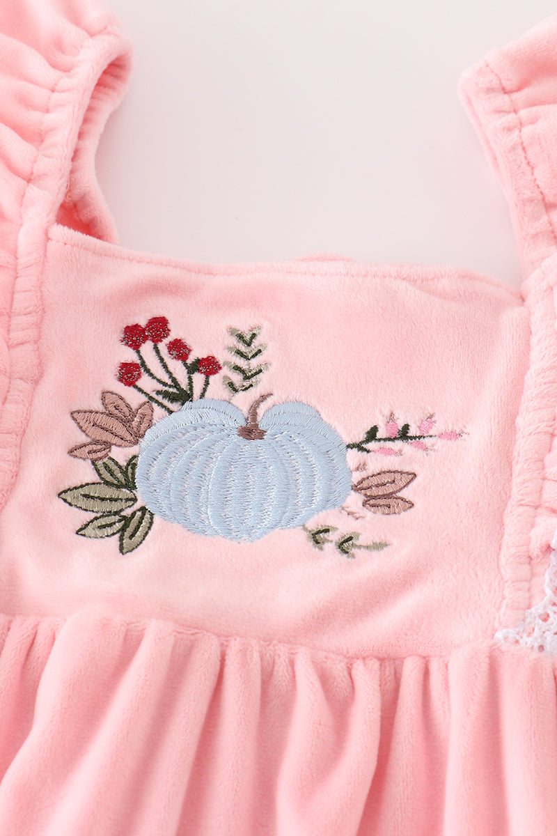 Pink velvet pumpkin embroidery girl set