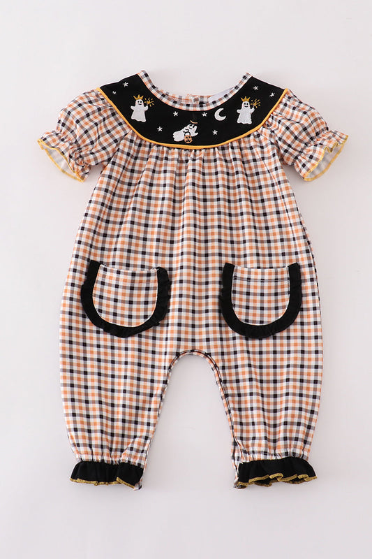 Halloween ghost embroidery plaid girl romper