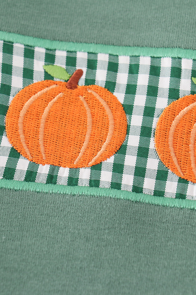 Green gingham pumpkin embroidery boy set