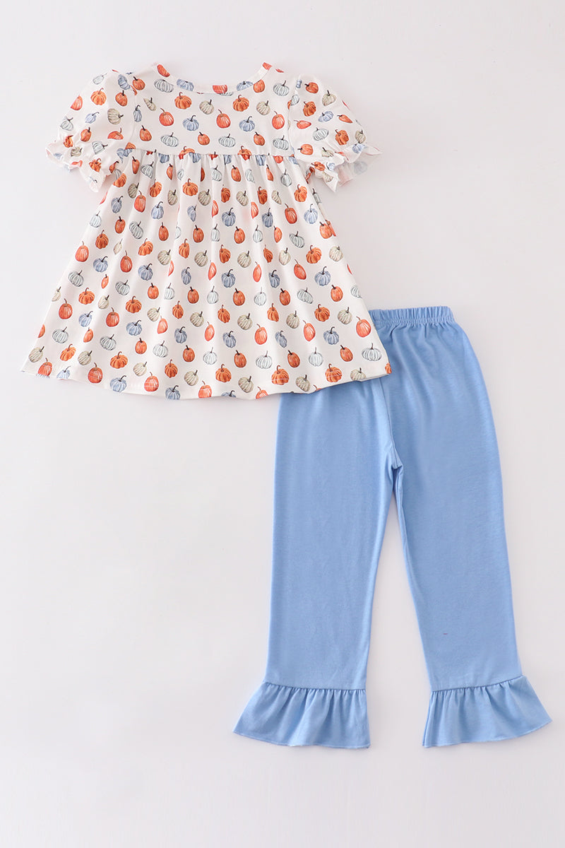 Blue pumpkin girl ruffle pants set