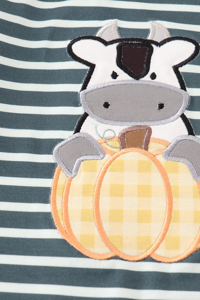 Green stripe cow pumpkin applique boy romper