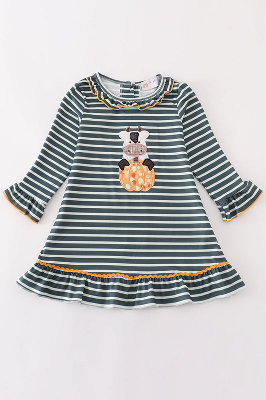 Green stripe cow pumpkin applique dress