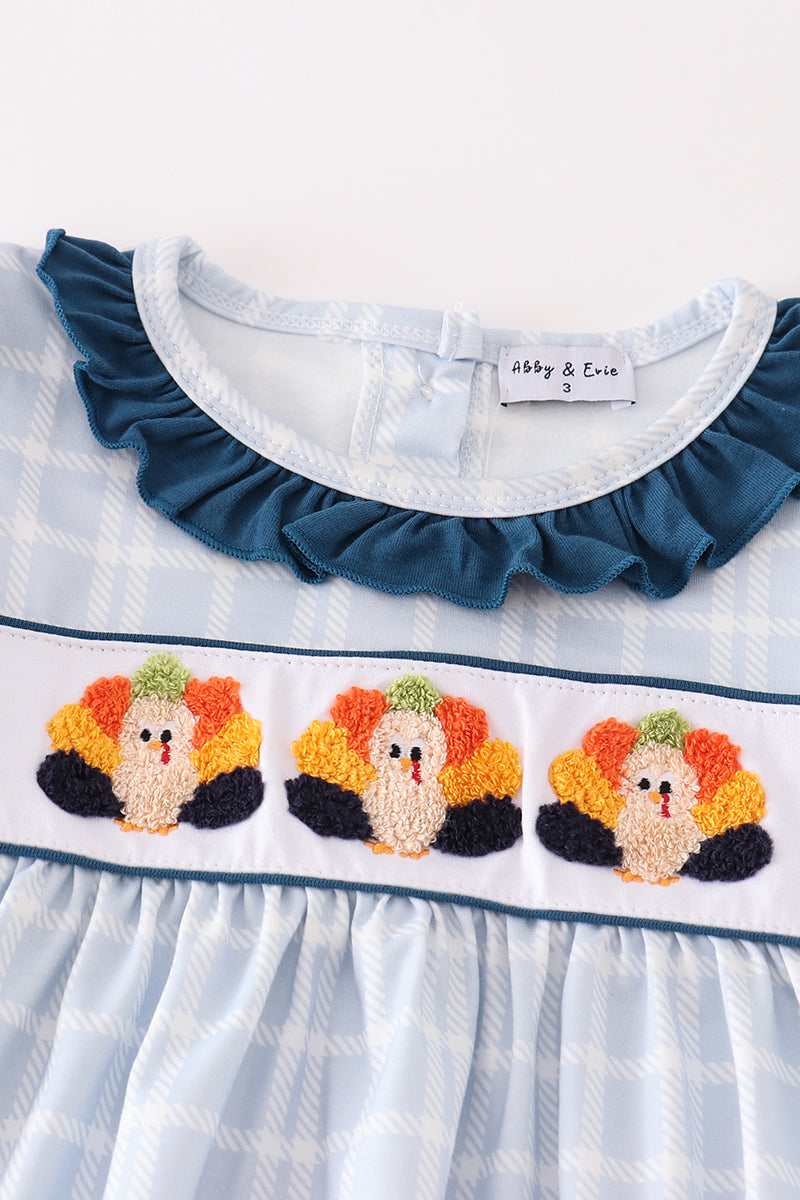 Blue thanksgiving turkey french knot girl set