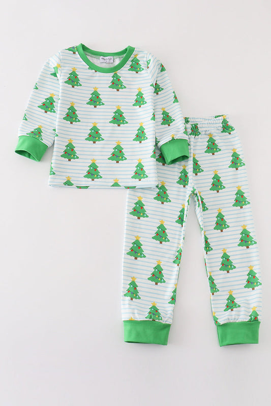 Green christmas tree print ruffle boy pajamas set