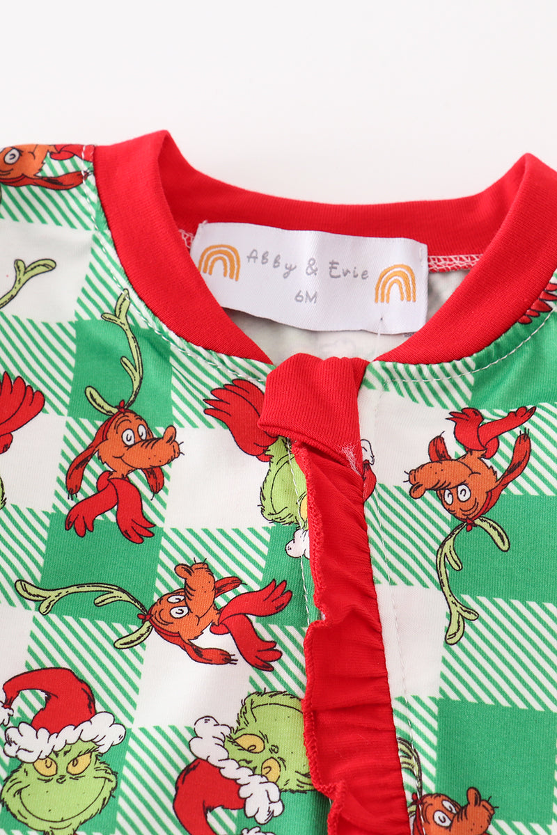 Green grinch print plaid ruffle zip girl romper