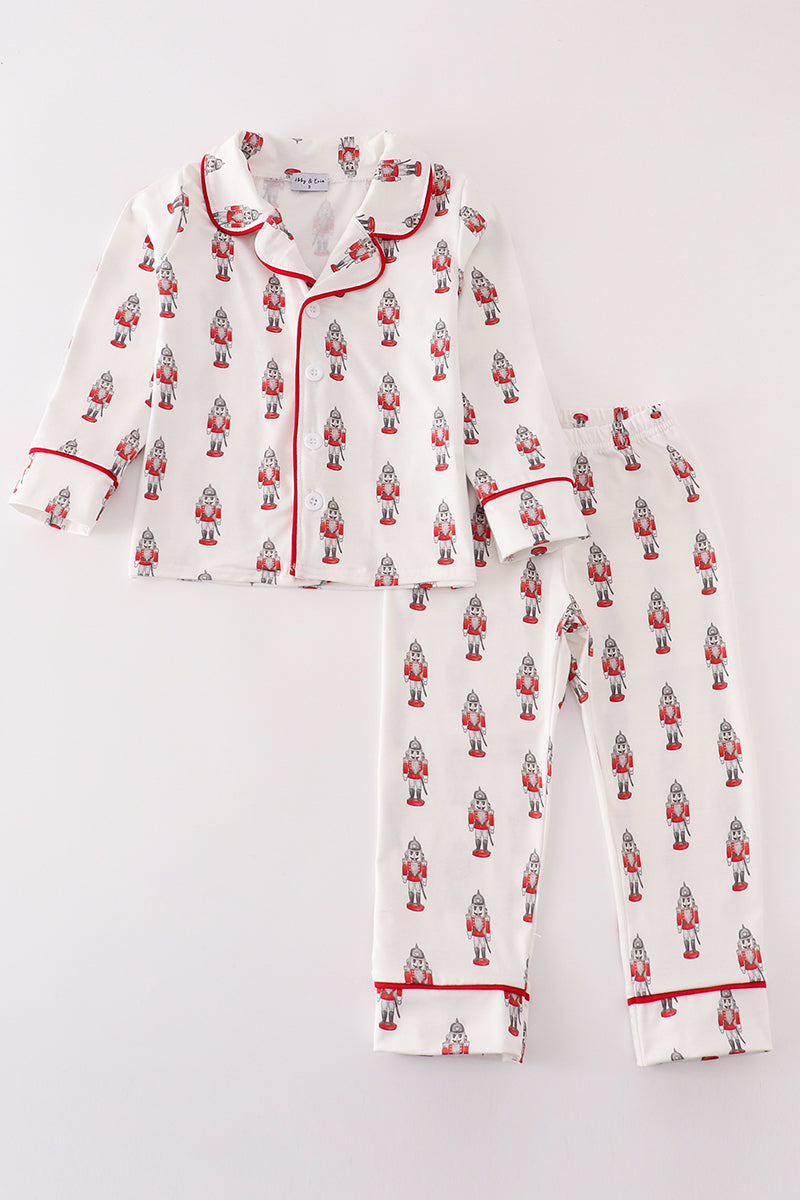 Red nutcracker print ruffle boy pajamas set