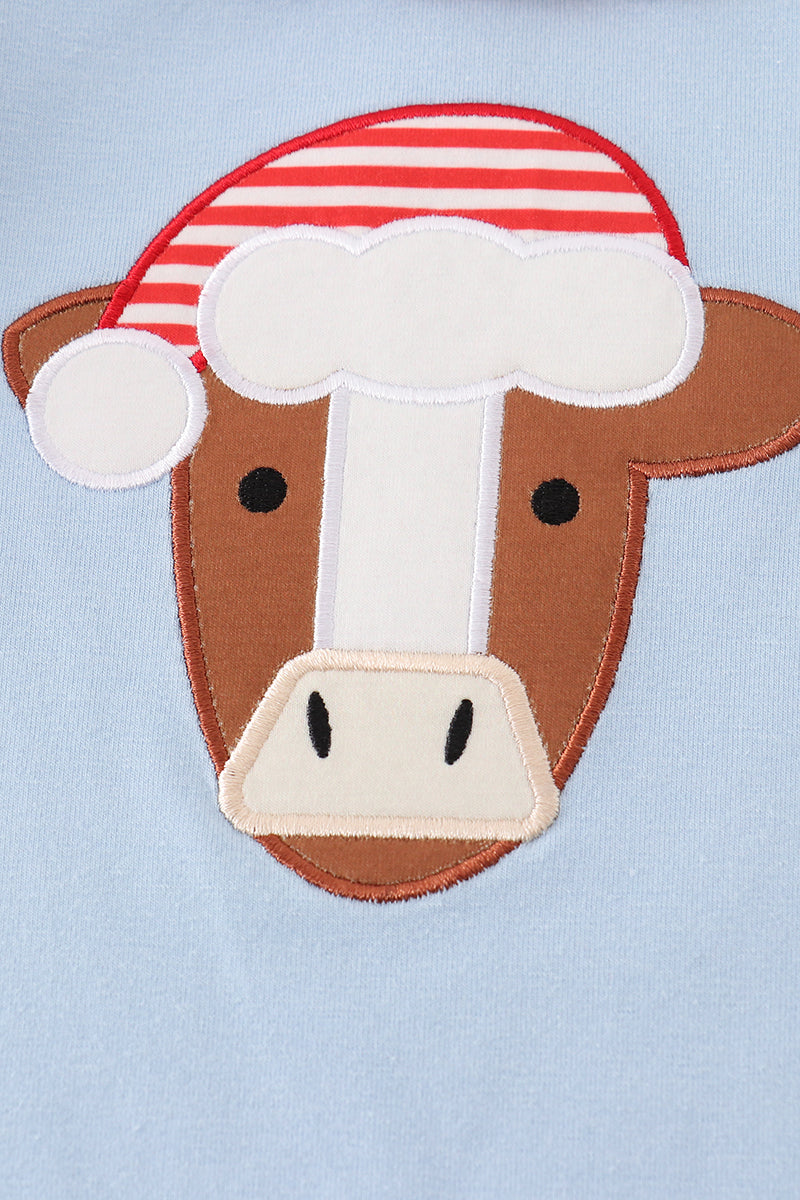 Blue christmas cow applique girl romper