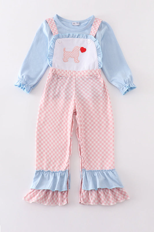 Blue valentine puppy heart applique girl jumpsuit set