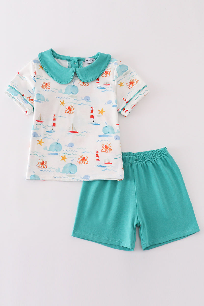 Whale lighthouse print boy set