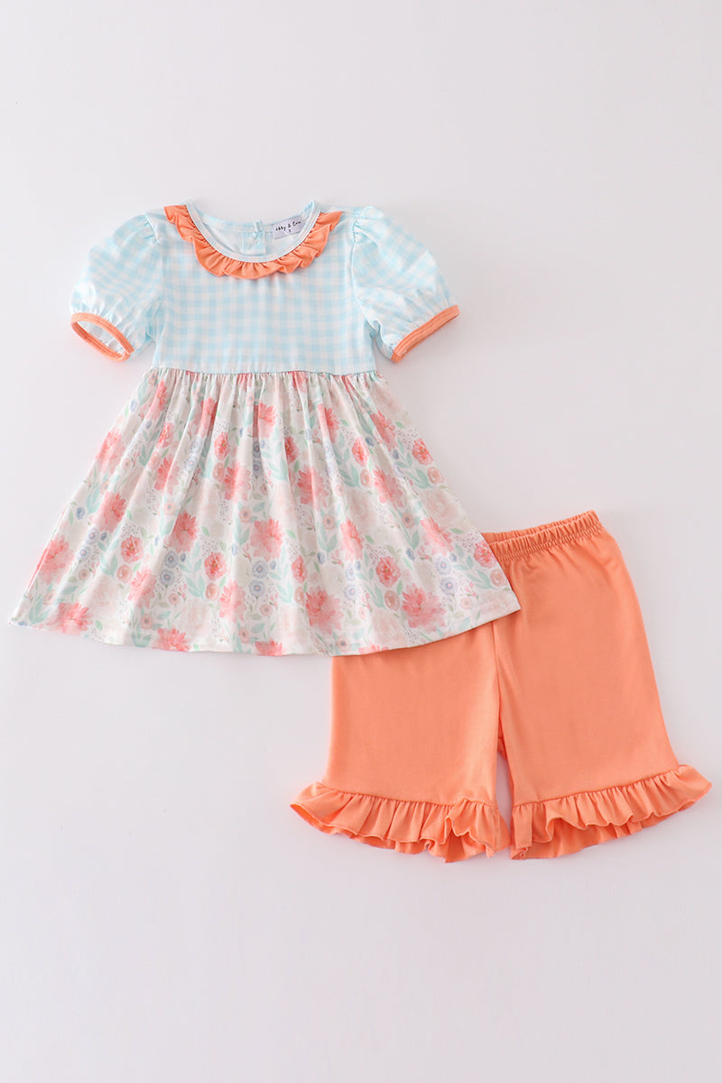 Floral print gingham girl set