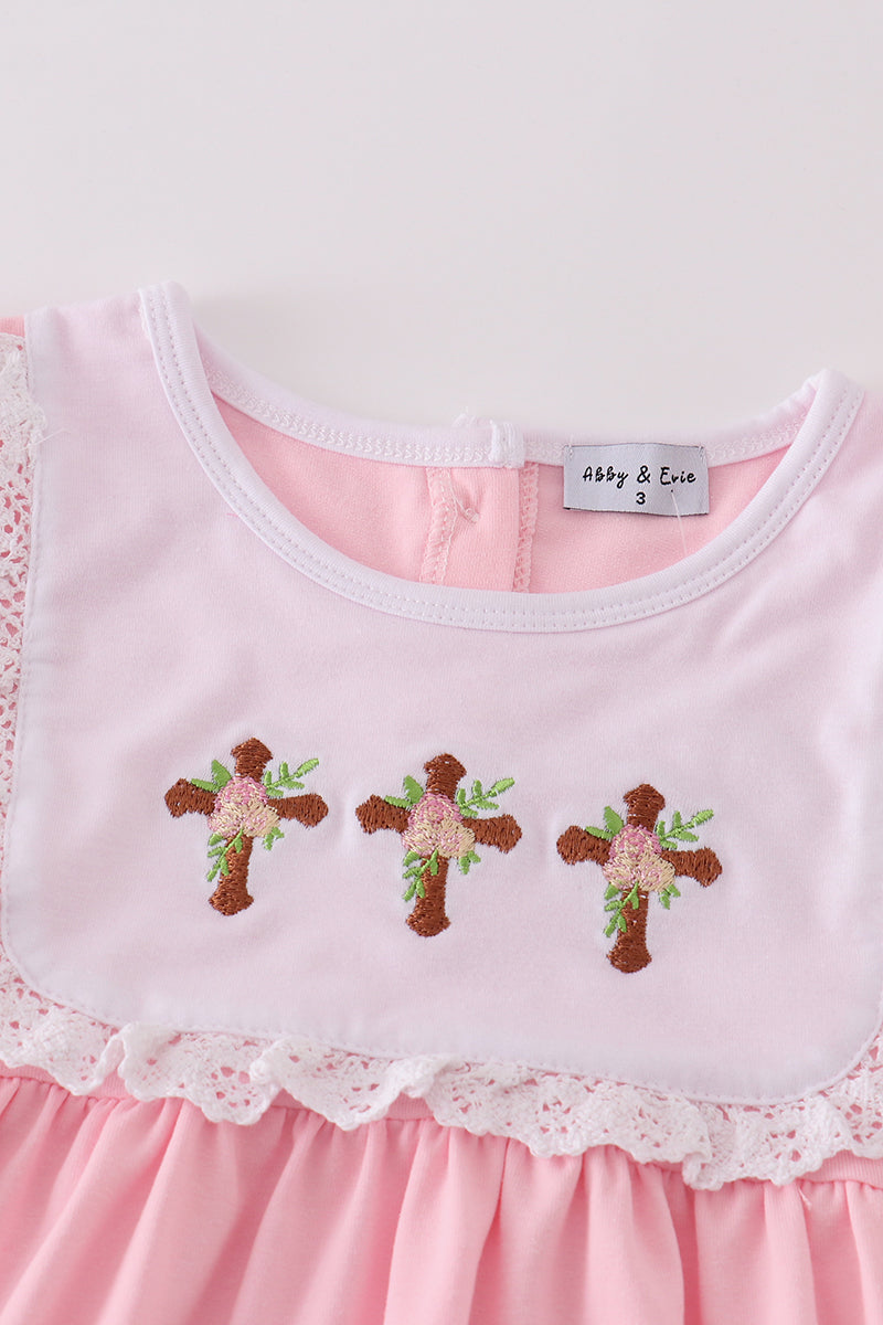 Pink easter cross embroidery girl set