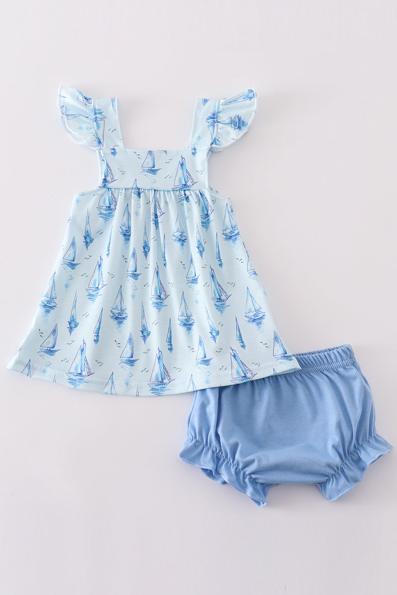 Blue sailboat print girl bloomer set