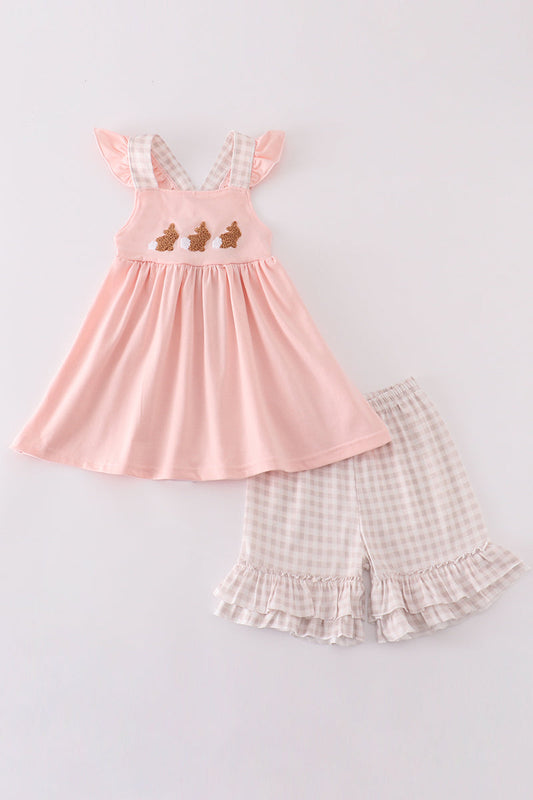 Pink easter bunny french knot girl set