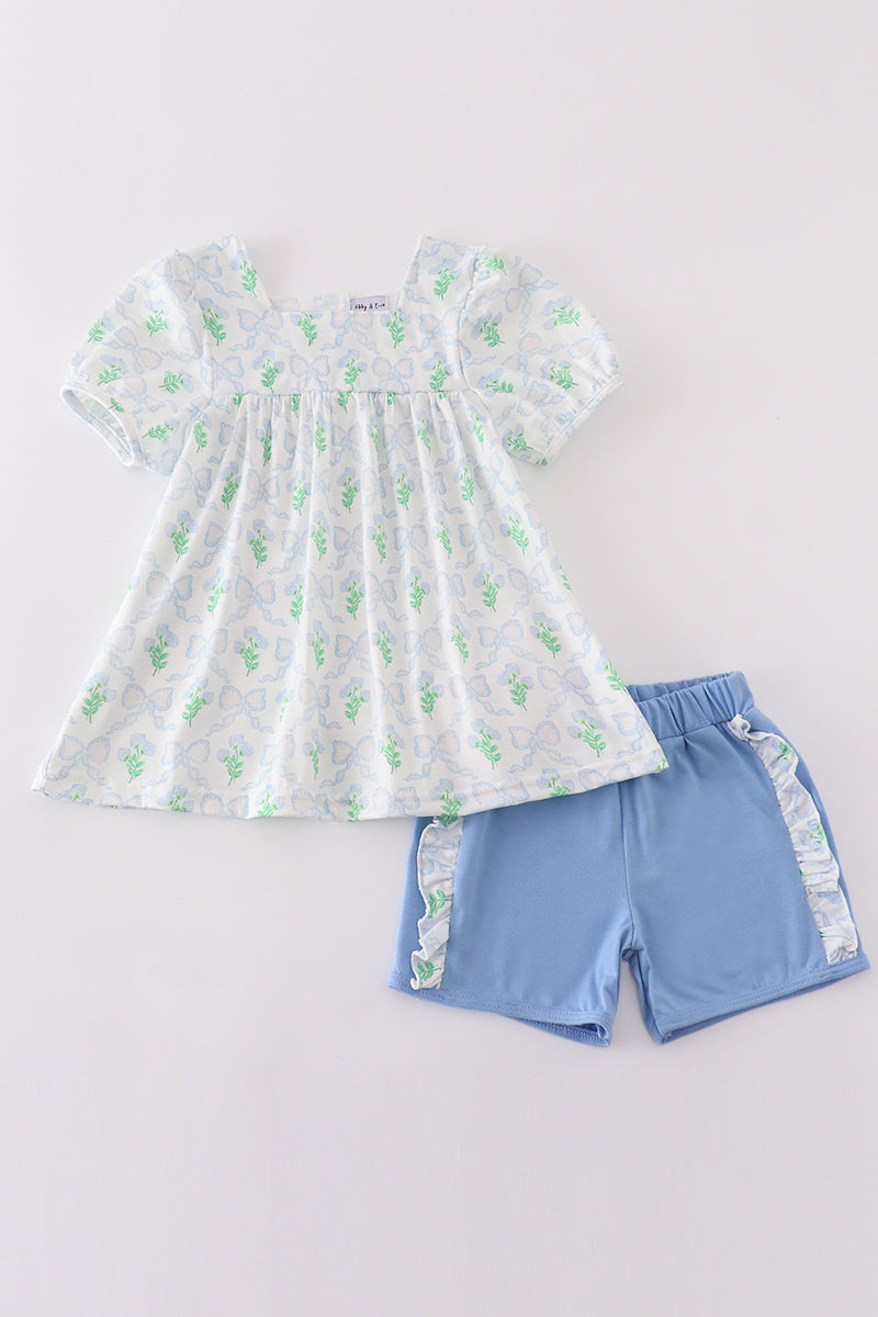 Green leaves bow print girl set