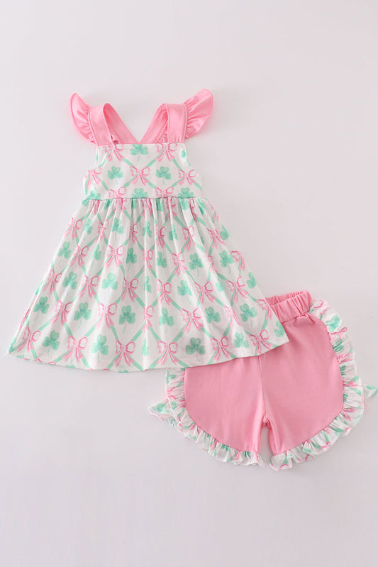 Green St.Patricks clover print girl set