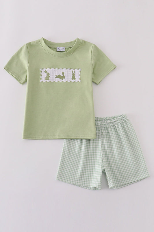 Sage bunny embroidery smocked shorts set