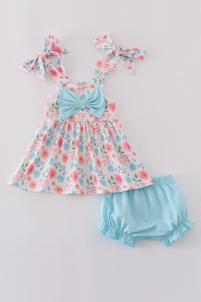 Blue floral print bow bloomer set