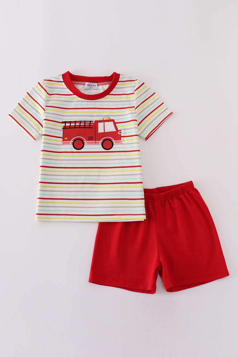 Red fire truck applique shorts set