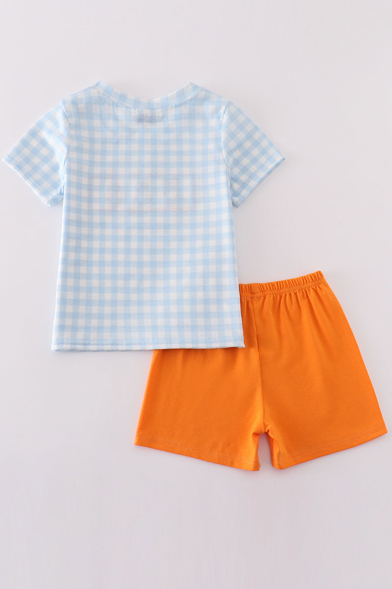 Blue gingham character embroidery boy set