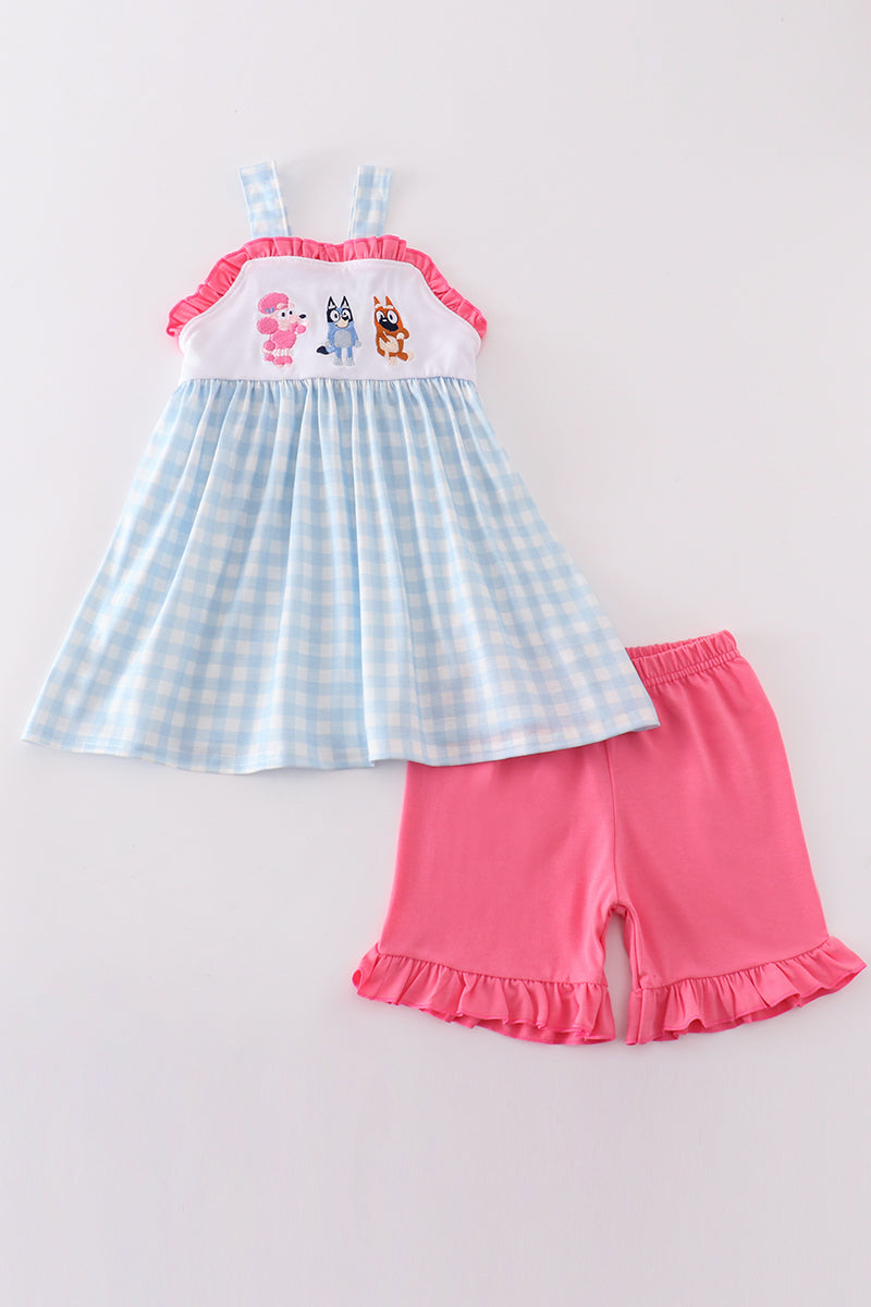 Blue gingham character embroidery girl set