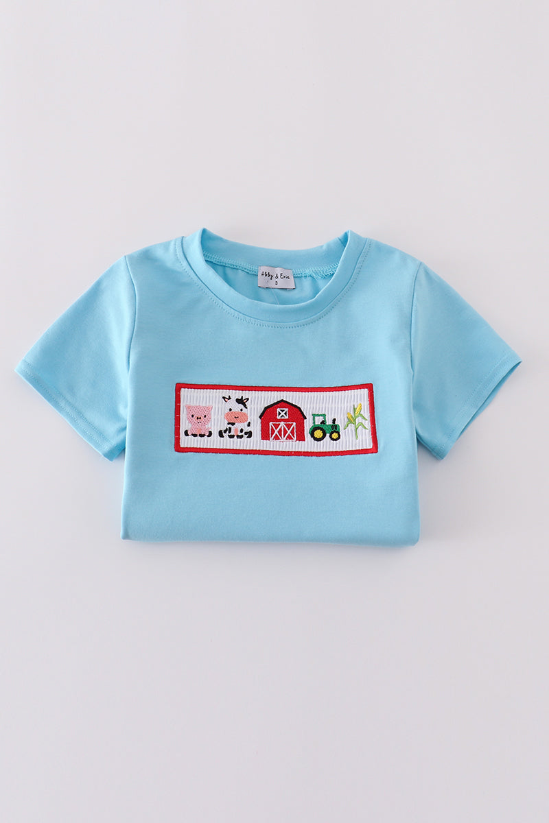 Blue farm embroidery smocked shorts set