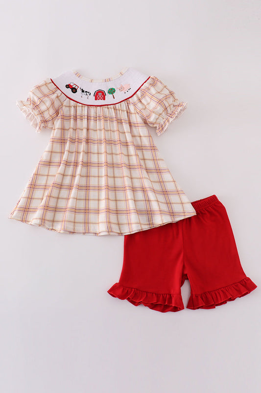 Khaki farm embroidery smocked plaid set