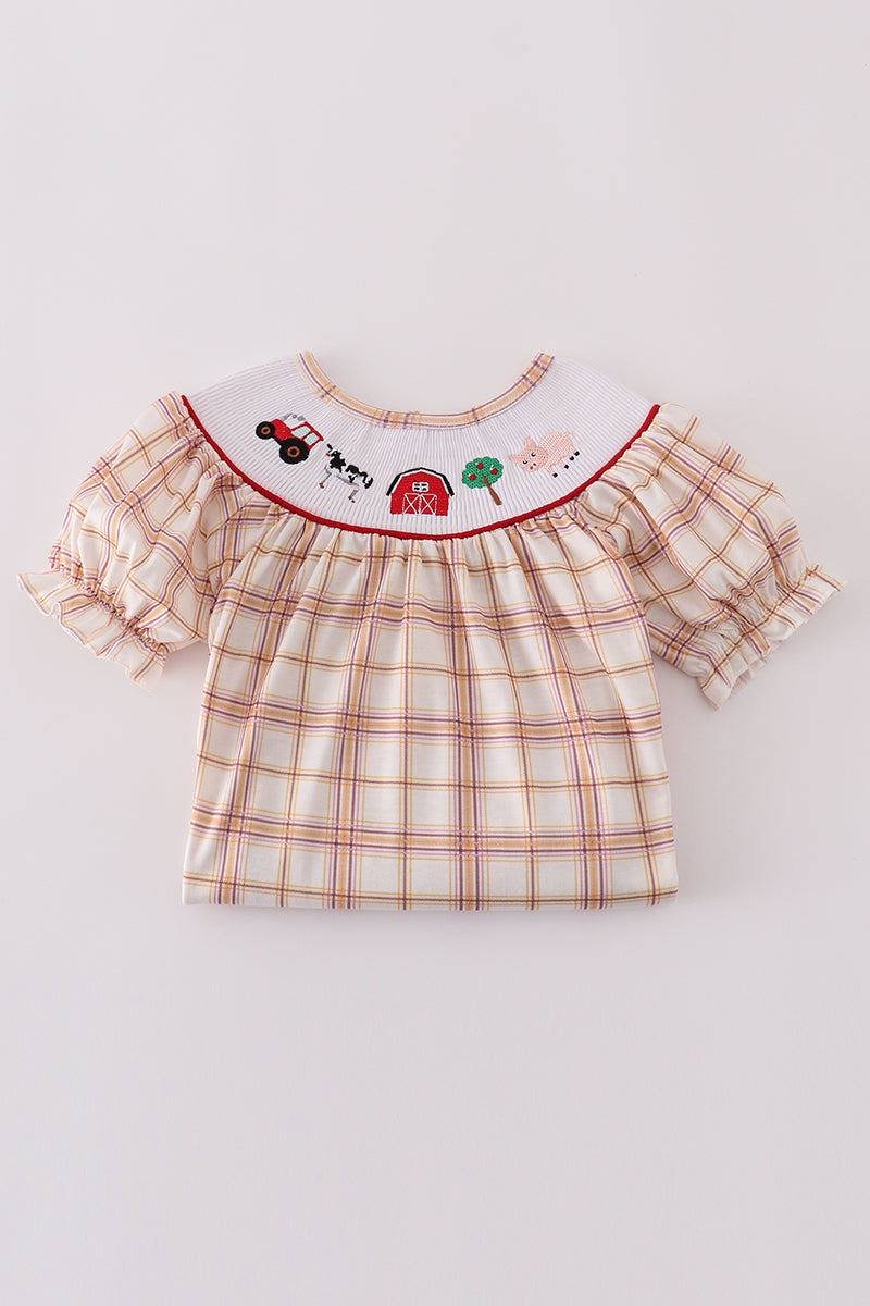 Khaki farm embroidery smocked plaid dress