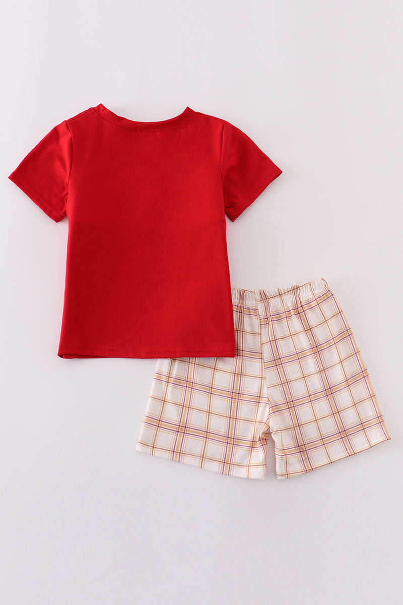 Khaki farm embroidery smocked plaid shorts set