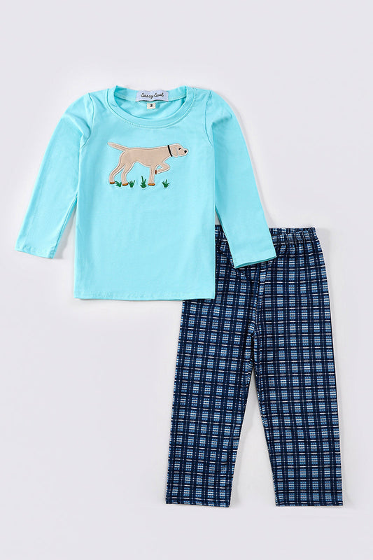 Blue dog applique boy set