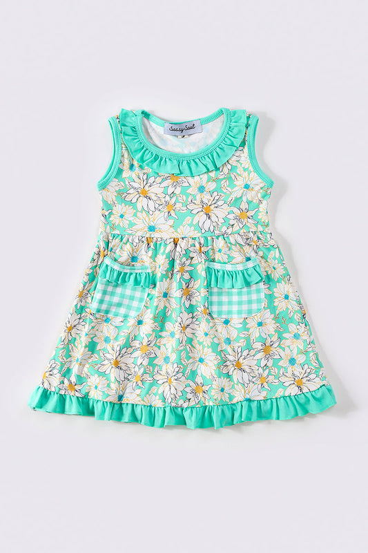 Green floral print girl dress