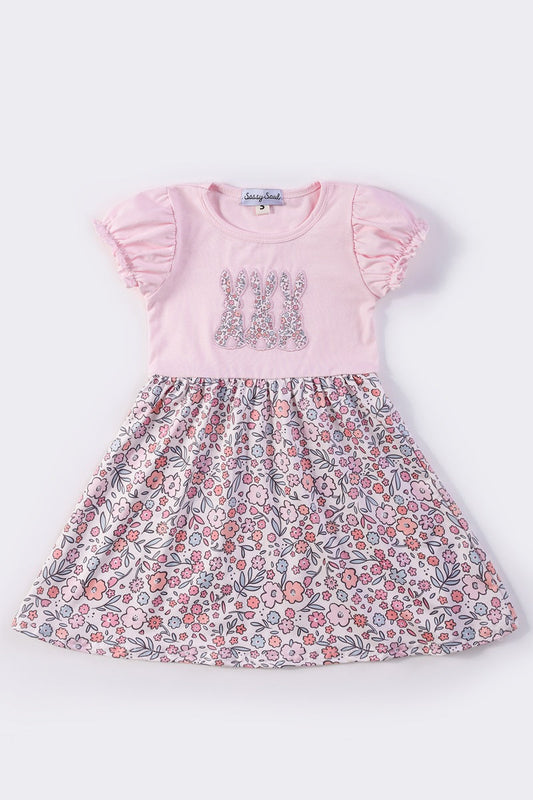 Pink bunny applique floral girl dress