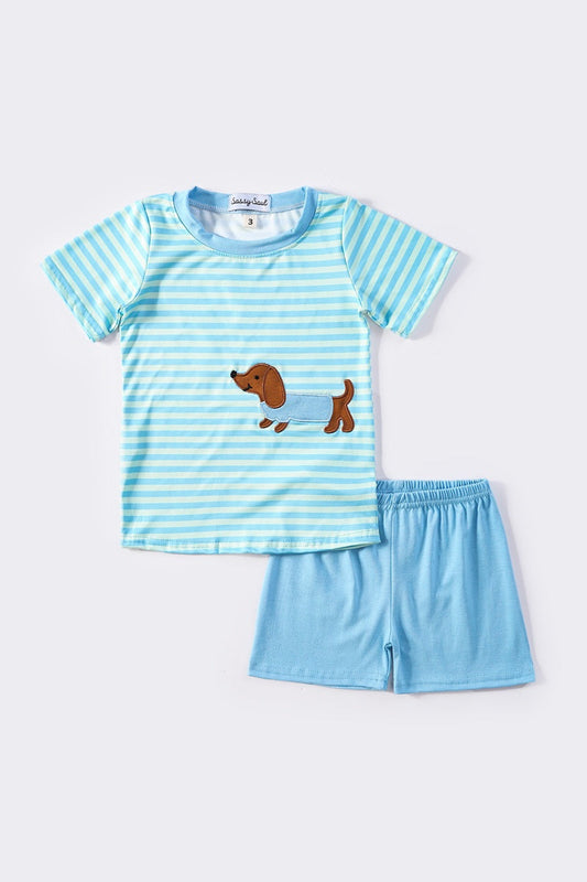 Blue stripe puppy applique boy set