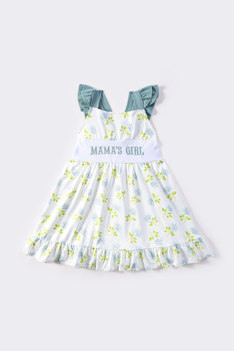 Teal floral print MAMA'S GIRL embroidery dress