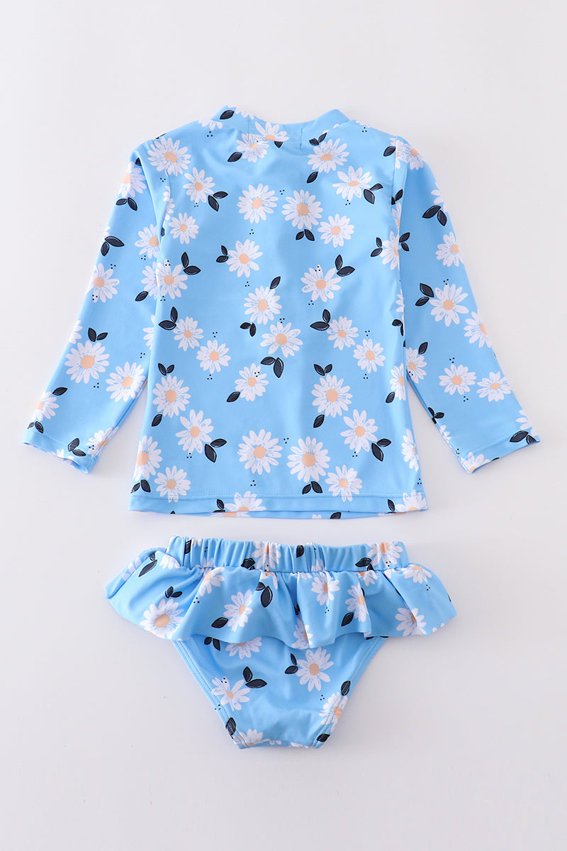 Blue daisy print 2pc girl swimsuit UPF50+