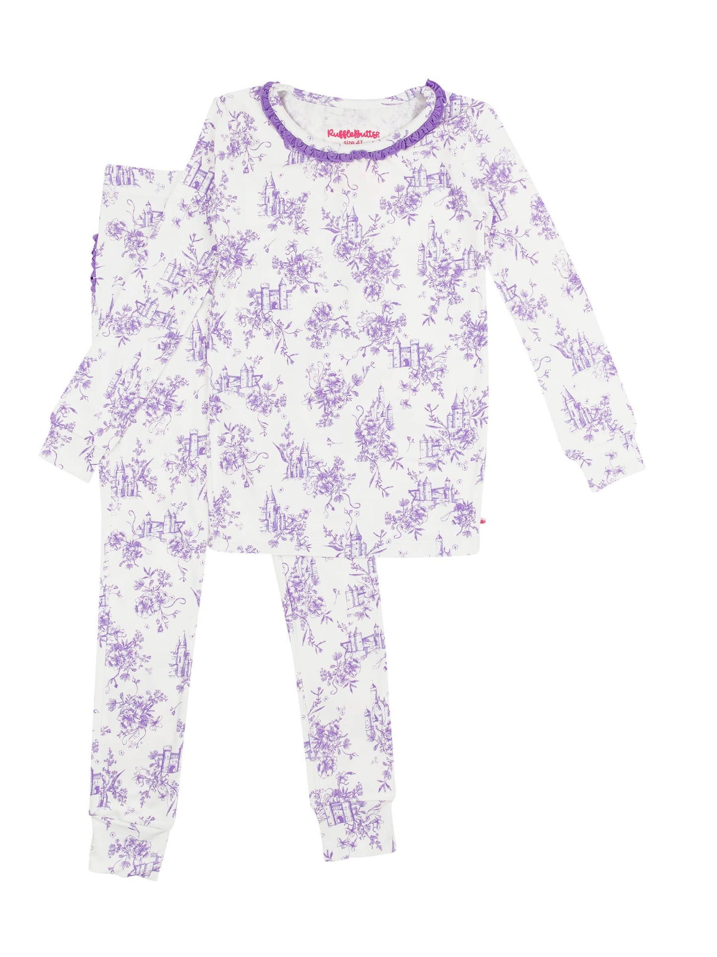 Toddler Girls Purple Princess Castle Toile Bamboo Viscose Ruffle Long Sleeve Pajama Set